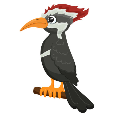 Woodpecker bird. Cartoon animal character. Wild nature fauna. Forest noisy birdie. Color feather. Drilling beak. Childish caricature. Isolated on white background. Vector illustrationのイラスト素材