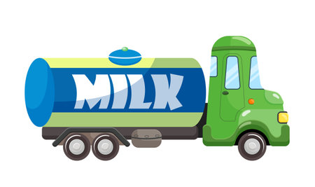 Cartoon milk tanker, cargo container, car transport, heavy liquid tank, large lorry, design, machine, vehicle, fresh delivery. Isolated on white background. Vector illustration.のイラスト素材