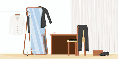 Room interior, clothes, shirt, pants, trousers, shoes, jacket, belt. Furniture, table, chair, large mirror, hanger. Curtain, wooden floor. Closet, house, accessories. Vector illustration.のイラスト素材