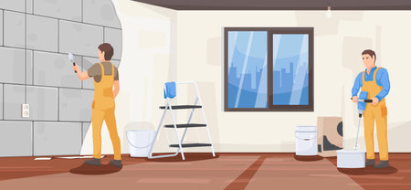 House interior renovation, repair, apartment, paint, building, worker, equipment, repair, wall, builder, repairman, handyman. Window, city scape. Vector illustration.のイラスト素材