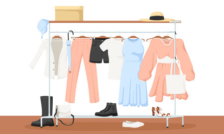 Woman dressing room interior, home design, fashion clothes, hanger. Pink, blue dress, white jacket, shoes, boots, hat, shorts, cap. Girl accessory, modern apartment. Vector illustration.のイラスト素材