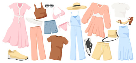 Fashion summer woman clothes collection. Female set. Dress, hat, clothing, wear, cartoon, shoes, casual stylish outfit, shorts, pants, footwear. Isolated on white background. Vector illustration.のイラスト素材