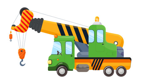 Cartoon truck crane, industrial vehicle, construction, transportation, machine, cargo, car, work, machinery, hook, engine, automotive. Isolated on white background. Vector illustration.のイラスト素材