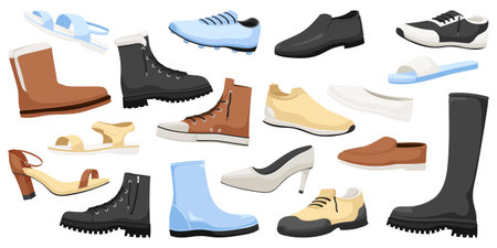 Fashion footwear collection. Set of various shoes. Stylish design, casual boot, elegant, leather sneaker, trendy, classic, beauty, elegance, model. Isolated on white background. Vector illustration.のイラスト素材
