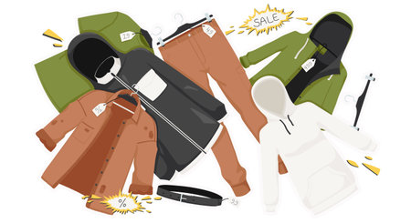 Casual wear sale collection, clothes, retail, brown pants, shirt, green t-shirt, jacket, black belt,...