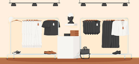 Showcase fashion clothes store interior, shop, showroom, boutique, vest, shirt, design, clothes, sale, bag, retail, hanger, casual wear, modern style, accessories storage. Vector illustration.のイラスト素材
