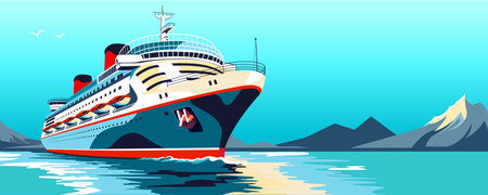 Luxury ship. Large voyage vessel. Realistic sea liner. Marine transport. Cruiser vacation. Sea travel. Ocean tour. Modern boat trip. Simple seascape art. Water holiday. Vector illustrationのイラスト素材