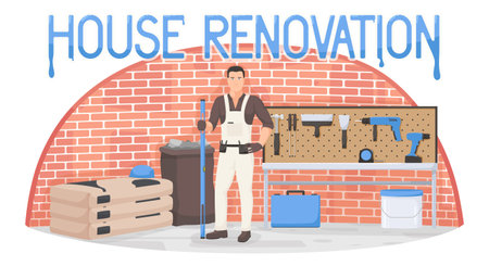 House renovation, home improvement equipment. Worker, tool, handyman, indoor, uniform, repairman, craftsman, brick wall, cement. Maintenance, occupation. Vector illustration.のイラスト素材