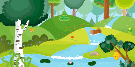 Summer forest scenery. Nature landscape. Hill, tree, river. Grass view. Green valley. Wave flow. Floral outdoor. Trunk in water. Dense woods. Terrain art. Natural pond. Vector illustrationのイラスト素材