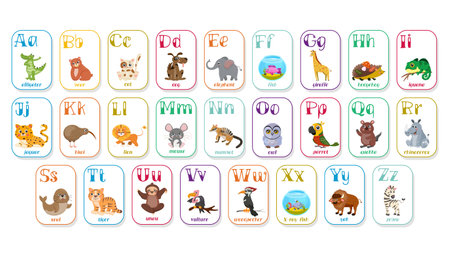 English alphabet with animals. Preschool education, learning, studying, cartoon set, abc, school. Letters, giraffe, alligator, bear, cat, dog, elephant, fish, hedgehog, lion, owl. Vector illustration.のイラスト素材