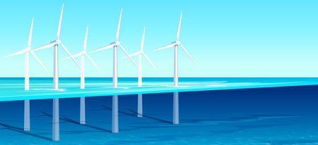 Wind farm power. Renewable energy. Electricity production. Alternative technology. Sea landscape. Modern generator. Clean production. Air source. Windmill in water. Vector illustrationのイラスト素材