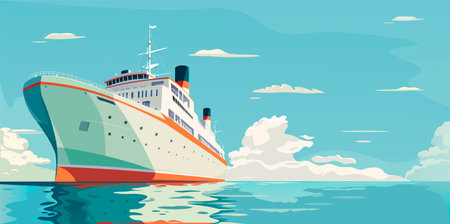 Sea ship, cruise liner at blue ocean water. Luxury resort, huge boat, summer vacation, white vessel, marine transport. Calm journey, tourist voyage, holiday tour. Seascape. Vector illustrationのイラスト素材