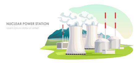 Nuclear power station, energy generation. Atomic plant, electricity production. Environmental powerplant. Industrial technology, electric building. Landscape with mountain, field. Vector illustrationのイラスト素材