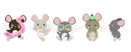 Cartoon mouse set. Cute rat character collection. Small animal. Funny, happy and cheerful little pet with tail, ears. Rubber ring. Stylish sunglasses. Isolated on white background. Vector illustrationのイラスト素材
