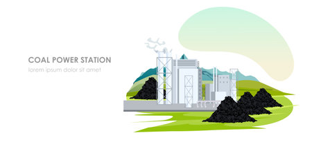 Coal power station at field, energy production, ecological pollution, industrial factory, ecological fuel, electric building, manufacturing technology. Mountain in background. Vector illustrationのイラスト素材