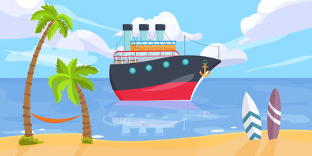 Marine seascape with beach, steamboat, blue ocean water. Sea tourism, travel by ship. Summer tourism, vacation trip and travel. Palm on sand. Holiday resort. Maritime climate. Vector illustrationのイラスト素材