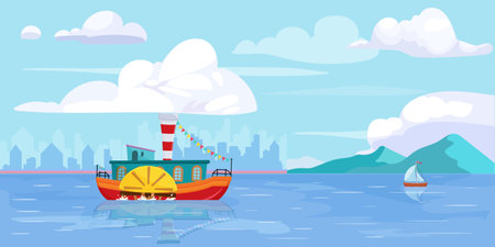 Marine seascape with paddle steamer and sailing boat. Vintage steamboat, retro ship, passenger trip, river travel. American vessel, historic transport. Cityscape with mountain. Vector illustrationのイラスト素材