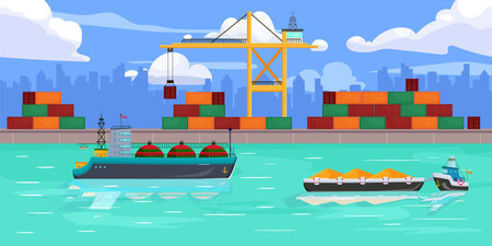 Urban port seascape. Large tanker. Tug with sand. Lifting crane. Cityscape in background. Water canal. Pier and dock with container. Business export shipping. Commercial delivery. Vector illustrationのイラスト素材