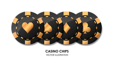 Black and golden casino poker chips. Collection of diamonds, hearts, clubs, spades tokens. Money, game, gambling. Private club. Raise bet. Try luck. Luxury entertainment. Vector illustrationのイラスト素材
