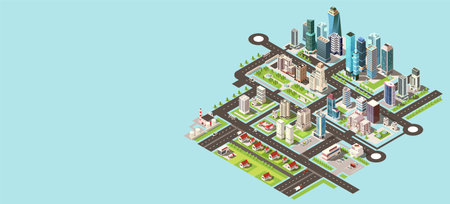 Megapolis city, long street, modern architecture, town center, huge house, urban cityscape, downtown with office skyscraper and building. Business construction. Isometric vector illustrationのイラスト素材