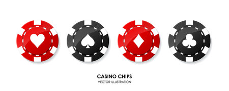 Vegas casino red and black poker chip. Gambling game. Raise money. Try luck. Play roulette. Isolated on white background Isolated on white background. Vector illustrationのイラスト素材