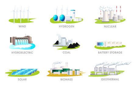 Set of various energy station. Collection of nuclear, solar, biomass, geothermal, hydrogen, wind, hydroelectric, coal, battery storage. Electricity production, energy factory. Vector illustrationのイラスト素材