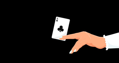 Playing poker card in woman hand. Clubs ace. Gambling in royal casino, lucky entertainment, play blackjack game. Concept of winner, jackpot. Dark background. Vector illustrationのイラスト素材