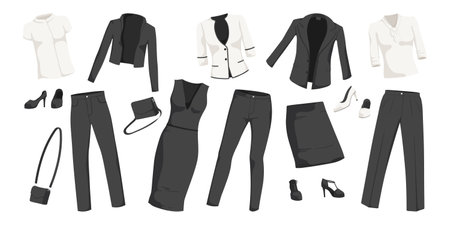 Collection of black and white formal wear. Collection of jacket, shirt, trousers, dress, skirt, handbag, blouse. Male and female office uniform. Isolated on white background. Vector illustrationのイラスト素材