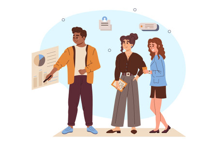 Cartoon office workspace. Male person showing company results to female colleagues. Employee co-working and meeting concept. Bar, pie diagram. Communication process, speech bubble. Vector illustrationのイラスト素材