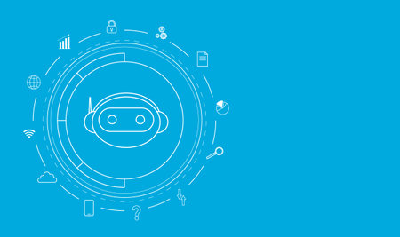 Chat bot robot character with circle hologram. Network interface. Artificial intelligence technology. Digital machinery. Virtual globe with various icons. Futuristic innovation. Vector illustrationのイラスト素材