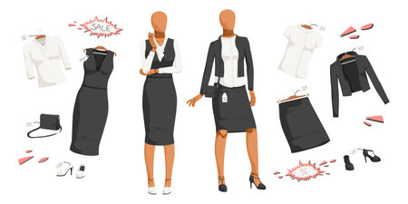 Collection of black and white woman formal wear. Clothes on sale. Shop showcase. Collection of dress, skirt, handbag, heels. Female office uniform. Isolated on white background. Vector illustrationのイラスト素材