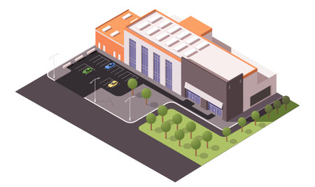 City mall building architecture. Modern supermarket. Commercial retail business construction. Facade exterior with parking zone. Private property. Town city center. Isometric vector illustrationのイラスト素材