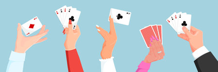 Playing poker card in people hand. Man and woman play blackjack game. Four of a kind. Clubs, hearts, wines, diamonds ace. Gambling in casino, lucky entertainment. Blue background. Vector illustrationのイラスト素材