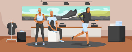 Set of black and blue sportswear on mannequin at showcase in various position. Shop interior. Collection of trousers, t-shirt, top, bag, sneaker. Fashion male and female clothes. Vector illustrationのイラスト素材