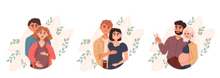 Set of pregnant woman and husband waiting baby. Motherhood and maternity concept. Happy couples, cartoon parents. Family love. Birth expecting. Leaves ornament. Father and mother. Vector illustrationのイラスト素材
