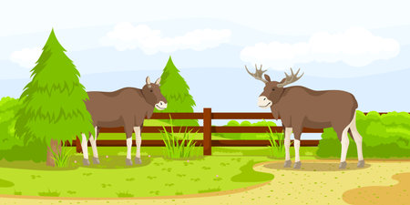 Brown deer standing near fence in zoo. Summer vacation. Natural wildlife. Forest with tree. Cartoon design. Cute character. Picturesque landscape. Wild nature. Vector illustrationのイラスト素材