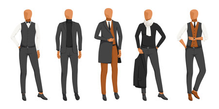 Collection of black, brown and white formal wear on mannequin in row. Collection of jacket, shirt, trousers, vest, shoes. Male warm office uniform. Isolated on white background. Vector illustrationのイラスト素材