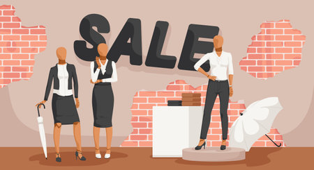 Collection of black and white woman formal wear. Clothes on sale. Shop showcase brick interior with mannequin. Collection of dress, skirt, handbag, heels. Female office uniform. Vector illustrationのイラスト素材