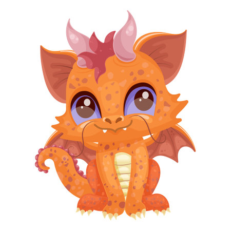 Cartoon image of orange tiny dragon. Cute fairy dinosaur design. Happy character, funny monster with wings. Kid toy. Beautiful and fantasy creature. Isolated on white background. Vector illustrationのイラスト素材