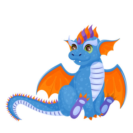Cartoon image of blue tiny dragon. Cute fairy dinosaur design. Happy character, funny monster. Orange wings. Kid toy. Beautiful and fantasy creature. Isolated on white background. Vector illustrationのイラスト素材