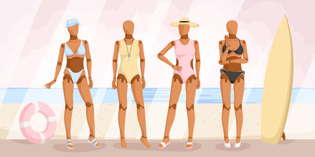 Set of tender colorful beachwear on mannequin at sea coast. Collection of swimsuit, flip flops, hat, bikini. Surfing desk. Fashion female clothes. Beach and pool sunbathing. Vector illustrationのイラスト素材