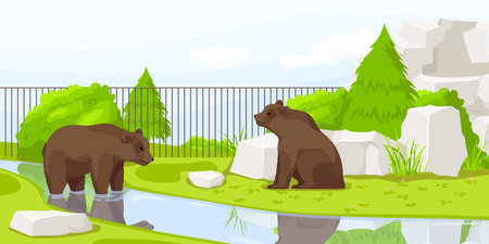 Brown bear sitting near stone and fence with stream in zoo. Summer vacation. Natural wildlife. Cartoon design. Cute character. Picturesque landscape. Wild forest with tree. Vector illustrationのイラスト素材