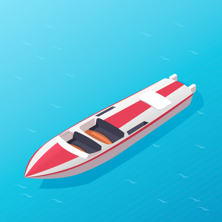 Red and white cartoon motor boat without cabin. Blue ocean water. Sea marine ship. Nautical transport. Summer vacation. Holiday cruise, adventure journey. Isometric vector illustrationのイラスト素材