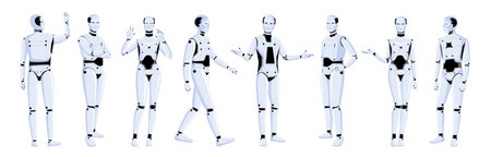Set of humanoid robot character. Artificial intelligence technology. Modern science, digital machinery, cartoon collection. Futuristic innovation. Isolated on white background. Vector illustrationのイラスト素材