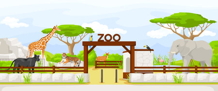 African safari zoo entrance. Large giraffe, cartoon animal. African elephant, tourist vacation. Lying tiger and black puma. Beautiful landscape. Savannah tree. Ticket selling. Vector illustration.のイラスト素材