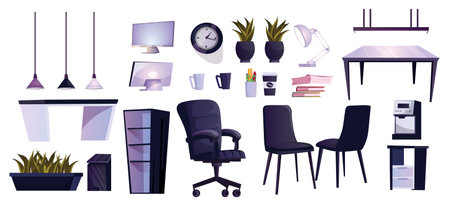 Set of modern office furniture, room interior equipment. Collection of desk, computer, armchair, project, clocks, folders, locker. Workspace concept. Isolated on white background. Vector illustrationのイラスト素材