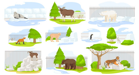 Cartoon zoo enclosure. Set of seal, deer, polar bear, fox, cheetah, penguin, rabbit, goat, tiger in aviary. Picturesque landscape, small pond and stream. Wild environment nature. Vector illustrationのイラスト素材