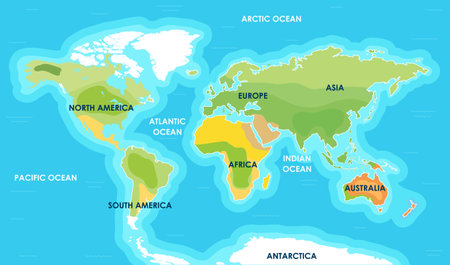 World map. Continents of Africa, Asia, Australia, Earth, Europe, South and North America. Earth planet. Pacific, Atlantic, Indian, Arctic ocean. Concept of cartography, geography. Vector illustrationのイラスト素材