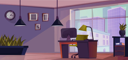 Modern office interior. Cute cartoon design. Large panoramic window with city skyscraper view. Desk with computer and armchair. Photos on wall. Green houseplants. Director cabinet. Vector illustrationのイラスト素材