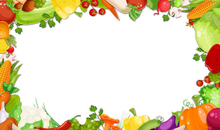 Various fresh vegetables picture frame. Healthy vegetarian food. Collection of pepper, pumpkin, carrot, tomato, potato, corn, plant. Vitamin diet, autumn harvest. White background. Vector illustrationのイラスト素材